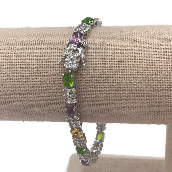 CZC 925 Sterling Silver Multi Color Crystal Link Tennis Bracelet - Picture 4 of 8